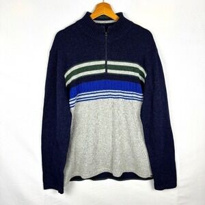 Eddie Bauer Men's Striped 1/4 Zip Pullover Sweater‎ Size L Blue Grey Wool Preppy